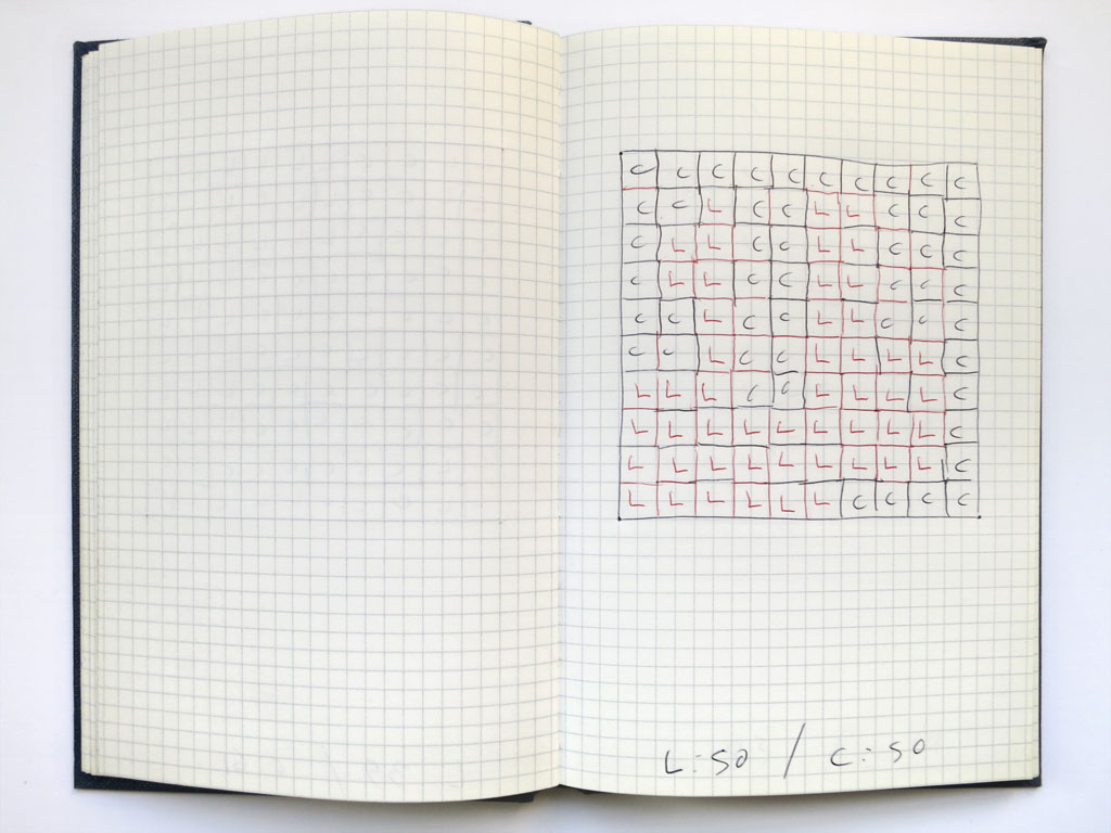 Claude Closky, ‘Untitled (small squares)’, 1991, blue and red ballpoint pen on notebook, 200 pages, 21 x 15 cm.